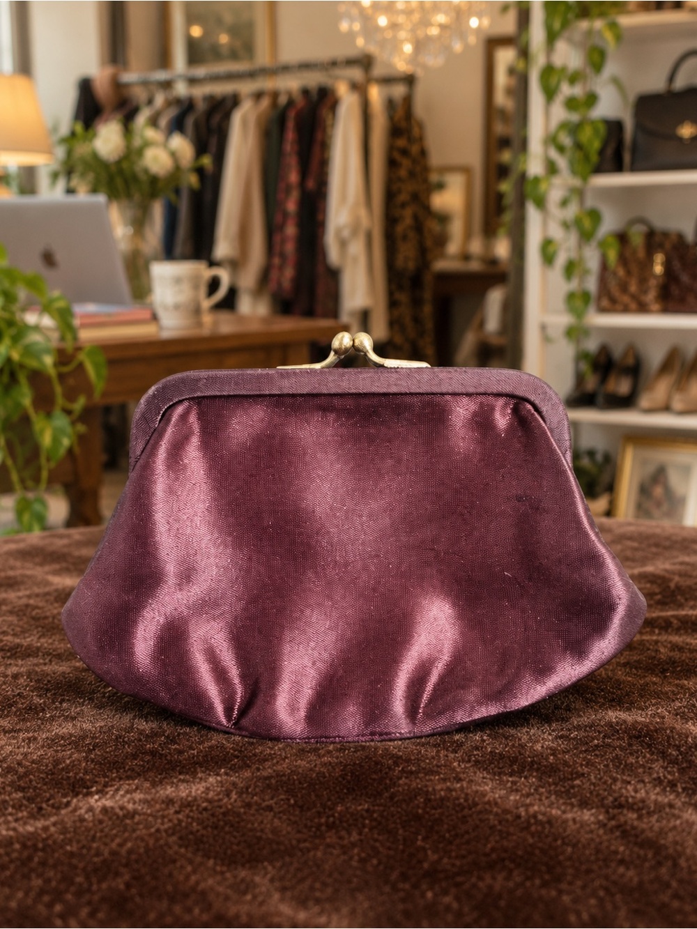 Vintage Plum Satin Kiss Lock Coin Purse